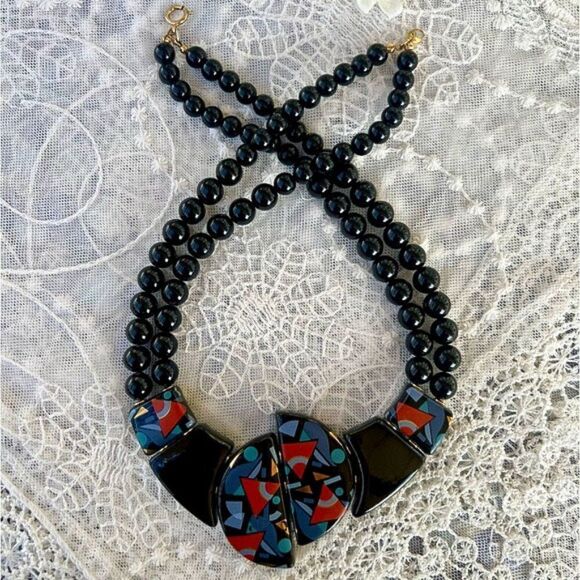 Vintage 80’s Japanese Black Lacquer Geometric Design Necklace - Picture 2 of 9